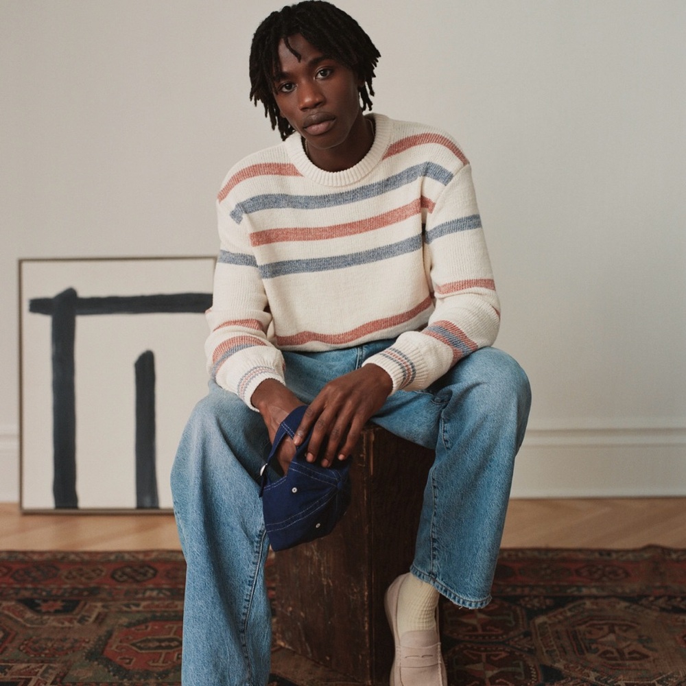Zara Men's Crewneck Sweater - Cream, Blue, and Brown Stripes